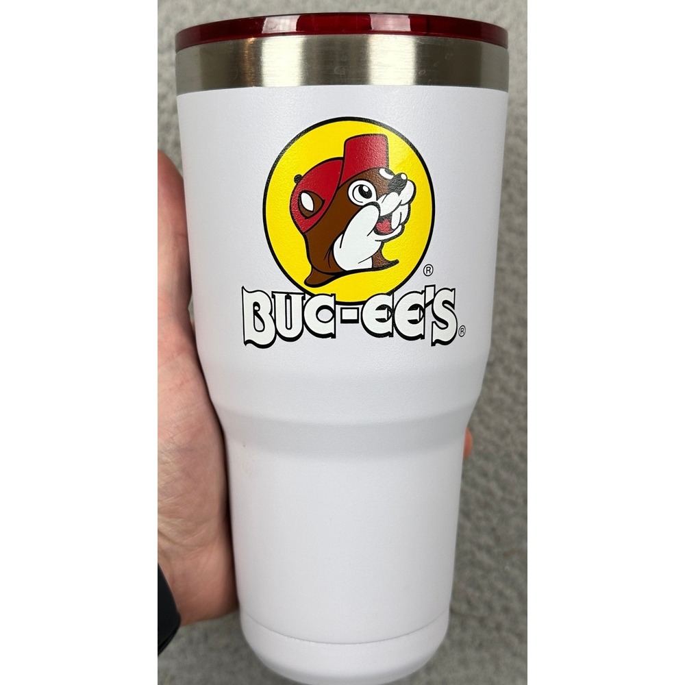Buc-ees Yukon Outfitters Tumbler 30oz White Red Lid Insulated Cup Travel Mug EUC
